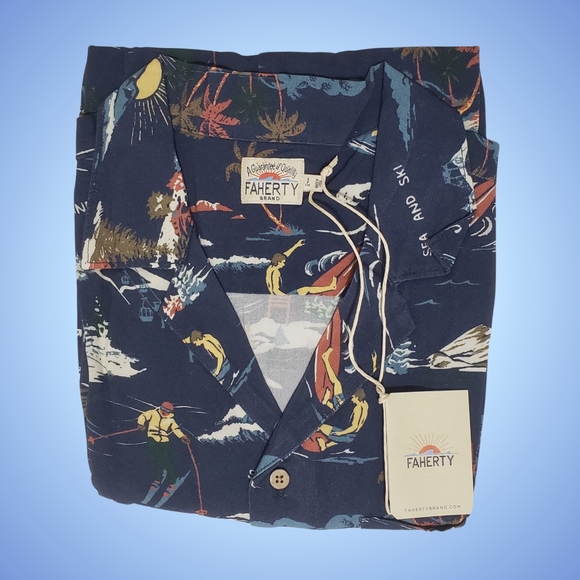Faherty Other - Faherty Camp Shirt Sea & Ski Print Button Up Men Small Navy Blue NWT $158